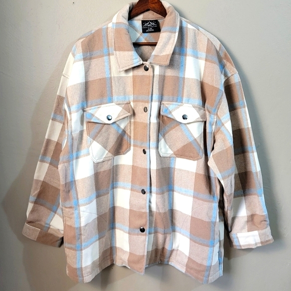 HFX NWT Brown & Blue Plaid Button-Up Long Sleeve Flannel Jacket - WOMEN'S XL - Picture 2 of 9